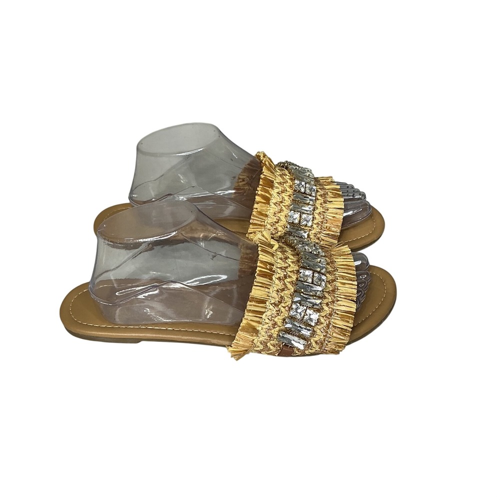 Chelsea & Zoe Gold Raffia Rhinestone Fringe Slide Sandals Flat Summer Shoes 10.5